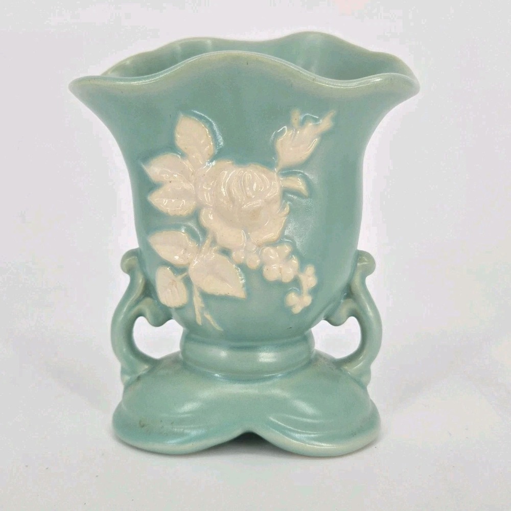 Vintage Weller Cameo Rose Vase Aqua Green White Floral Double Handle 7 In Deco